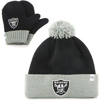 Toddler '47 Black/Silver Las Vegas Raiders Bam Bam Cuffed Knit Hat with Pom and Mittens Set