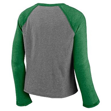 Women's Majestic Heathered Gray/Heathered Green Oregon Ducks Competitive Edge Cropped Raglan Long Sleeve T-Shirt