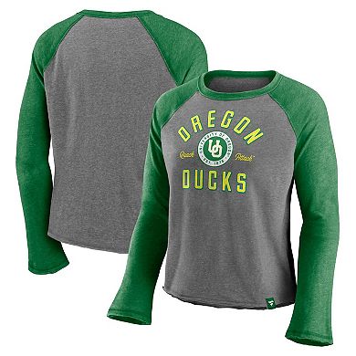 Women's Majestic Heathered Gray/Heathered Green Oregon Ducks Competitive Edge Cropped Raglan Long Sleeve T-Shirt