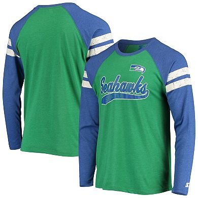 Men's Starter Green/Royal Seattle Seahawks Throwback League Raglan Long Sleeve Tri-Blend T-Shirt