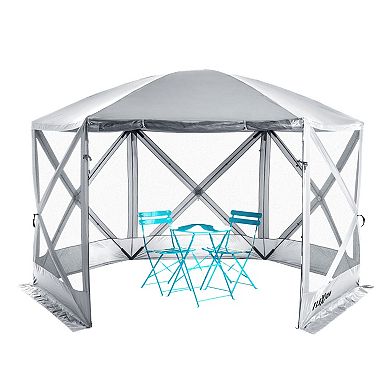 SlumberTrek Flexion Outdoor 6 Sided Gazebo Canopy with Mesh Screen Net, Silver