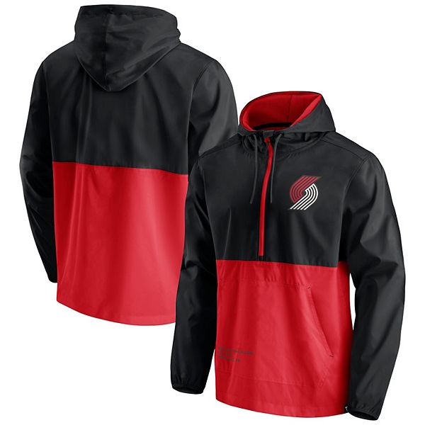 Men's Fanatics Branded Black/Red Portland Trail Blazers Anorak Block Party  Windbreaker Half-Zip Hoodie Jacket