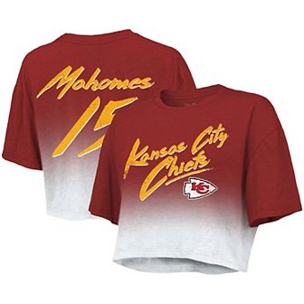 Women's Majestic Threads Patrick Mahomes Red/White Kansas City Chiefs Drip-Dye Player Name & Number Tri-Blend Crop T-Shirt