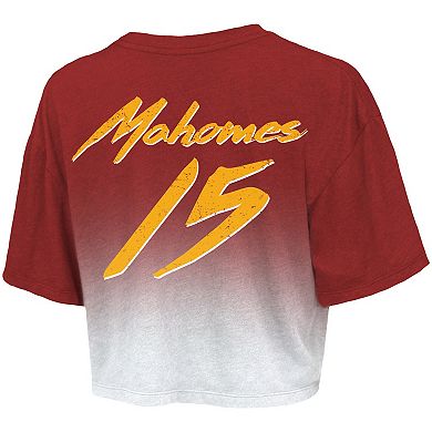 Women's Majestic Threads Patrick Mahomes Red/White Kansas City Chiefs Drip-Dye Player Name & Number Tri-Blend Crop T-Shirt