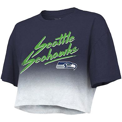 Women's Majestic Threads DK Metcalf Navy/White Seattle Seahawks Drip-Dye Player Name & Number Tri-Blend Crop T-Shirt