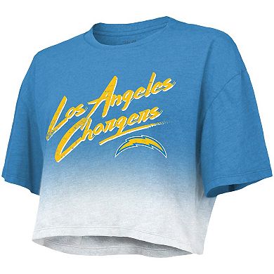 Women's Majestic Threads Justin Herbert Powder Blue/White Los Angeles Chargers Drip-Dye Player Name & Number Tri-Blend Crop T-Shirt