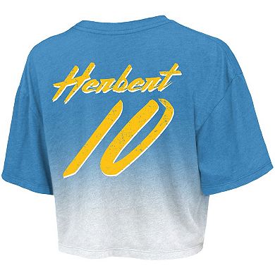 Women's Majestic Threads Justin Herbert Powder Blue/White Los Angeles Chargers Drip-Dye Player Name & Number Tri-Blend Crop T-Shirt