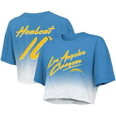 Women's Majestic Threads Justin Herbert Powder Blue/White Los Angeles Chargers Drip-Dye Player Name & Number Tri-Blend Crop T-Shirt