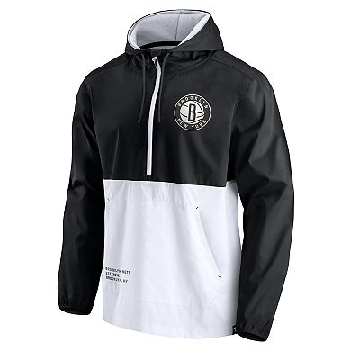 Men's Fanatics Branded Black/White Brooklyn Nets Anorak Block Party Windbreaker Half-Zip Hoodie Jacket