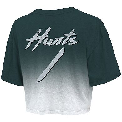 Women's Majestic Threads Jalen Hurts Green/White Philadelphia Eagles Drip-Dye Player Name & Number Tri-Blend Crop T-Shirt