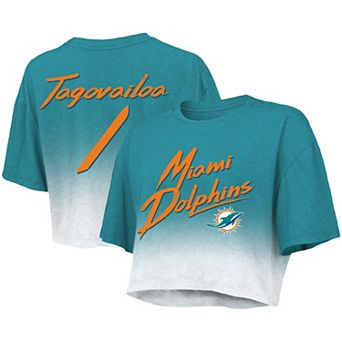 Women's Majestic Threads Tua Tagovailoa Aqua/White Miami Dolphins Drip-Dye Player Name & Number Tri-Blend Crop T-Shirt
