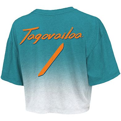 Women's Majestic Threads Tua Tagovailoa Aqua/White Miami Dolphins Drip-Dye Player Name & Number Tri-Blend Crop T-Shirt