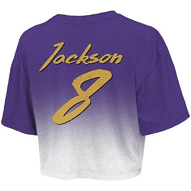 Women's Majestic Threads Lamar Jackson Purple/White Baltimore Ravens Drip-Dye Player Name & Number Tri-Blend Crop T-Shirt
