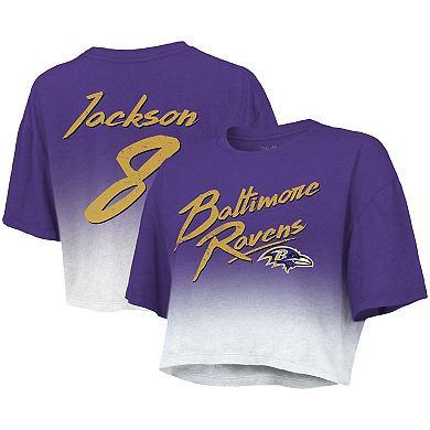 Women's Majestic Threads Lamar Jackson Purple/White Baltimore Ravens Drip-Dye Player Name & Number Tri-Blend Crop T-Shirt