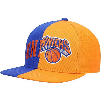 Men's Mitchell & Ness Royal/Orange New York Knicks Half and Half Snapback Hat
