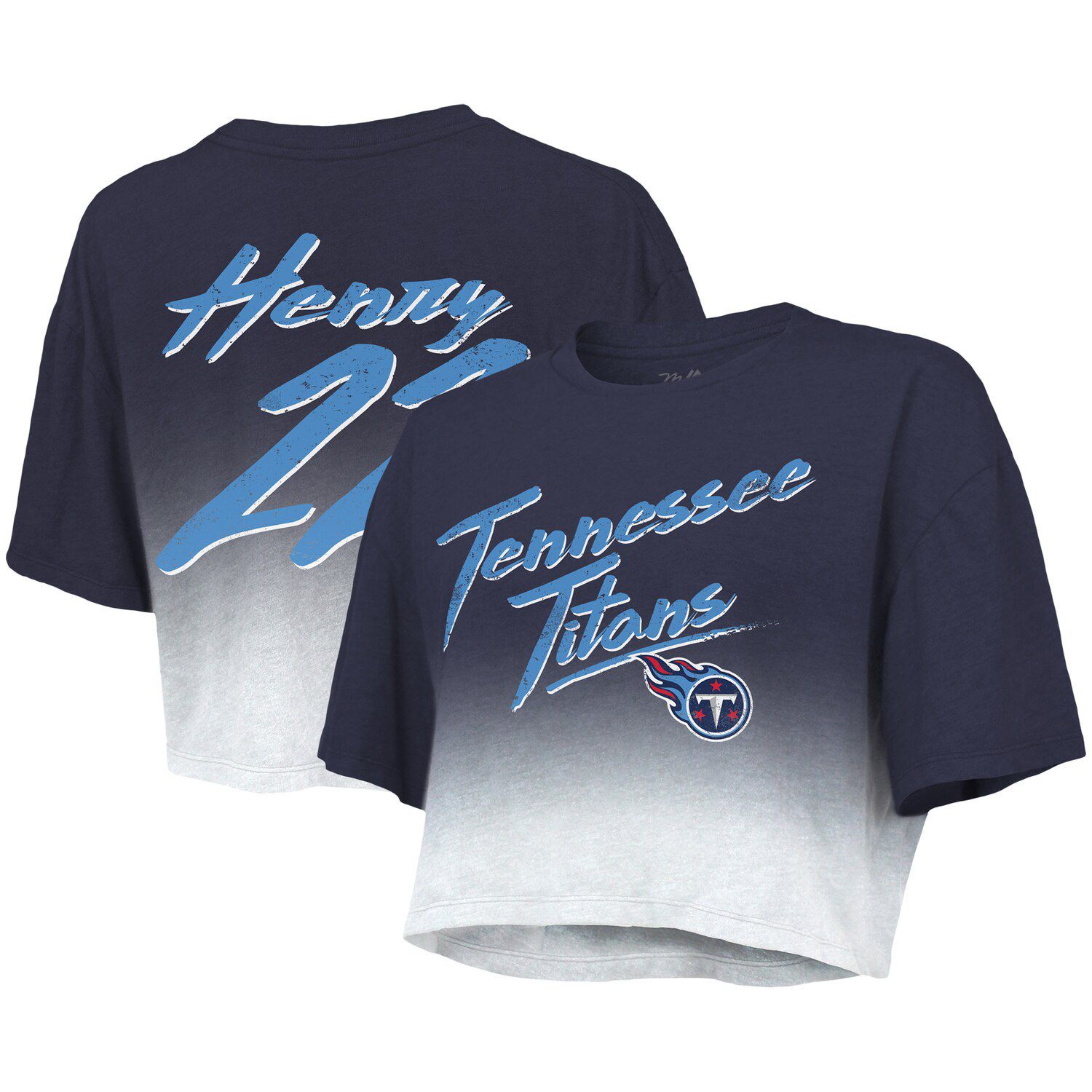 Men's Majestic Threads Derrick Henry Cream/Navy Tennessee Titans Vintage Player Name & Number 3/4-Sleeve Fitted T-Shirt Size: Small