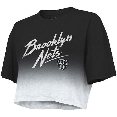 Women's Majestic Threads Black/White Brooklyn Nets Dirty Dribble Tri-Blend Cropped T-Shirt