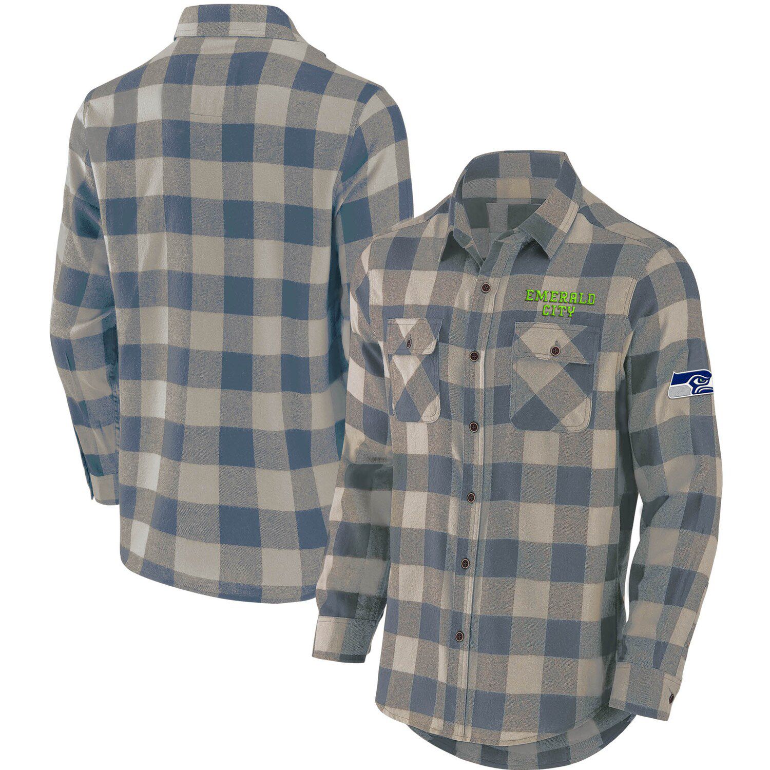 Women's Wear by Erin Andrews Cream/Gray Seattle Seahawks Plaid Flannel Tri-Blend Long Sleeve Button-Up Shirt Size: Medium