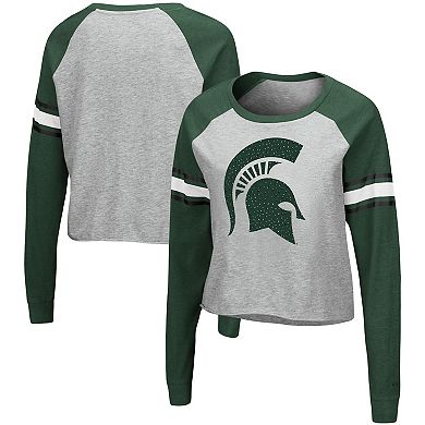 Women's Colosseum Heathered Gray/Green Michigan State Spartans Decoder Pin Raglan Long Sleeve T-Shirt