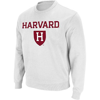 Men's Colosseum White Harvard Crimson Team Arch & Logo Tackle Twill Pullover Sweatshirt