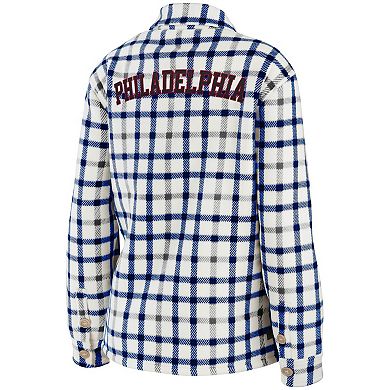 Women's WEAR by Erin Andrews Oatmeal Philadelphia 76ers Plaid Button-Up Shirt Jacket