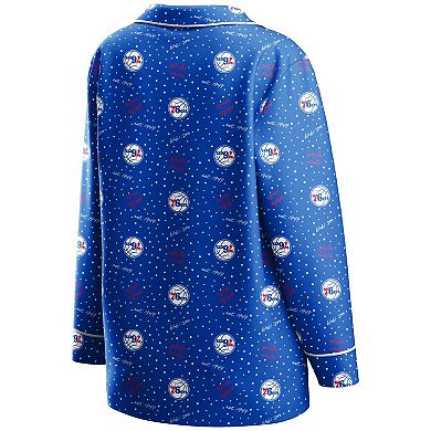 Women's WEAR by Erin Andrews Royal Philadelphia 76ers Long Sleeve Button-Up Shirt & Pants Sleep Set