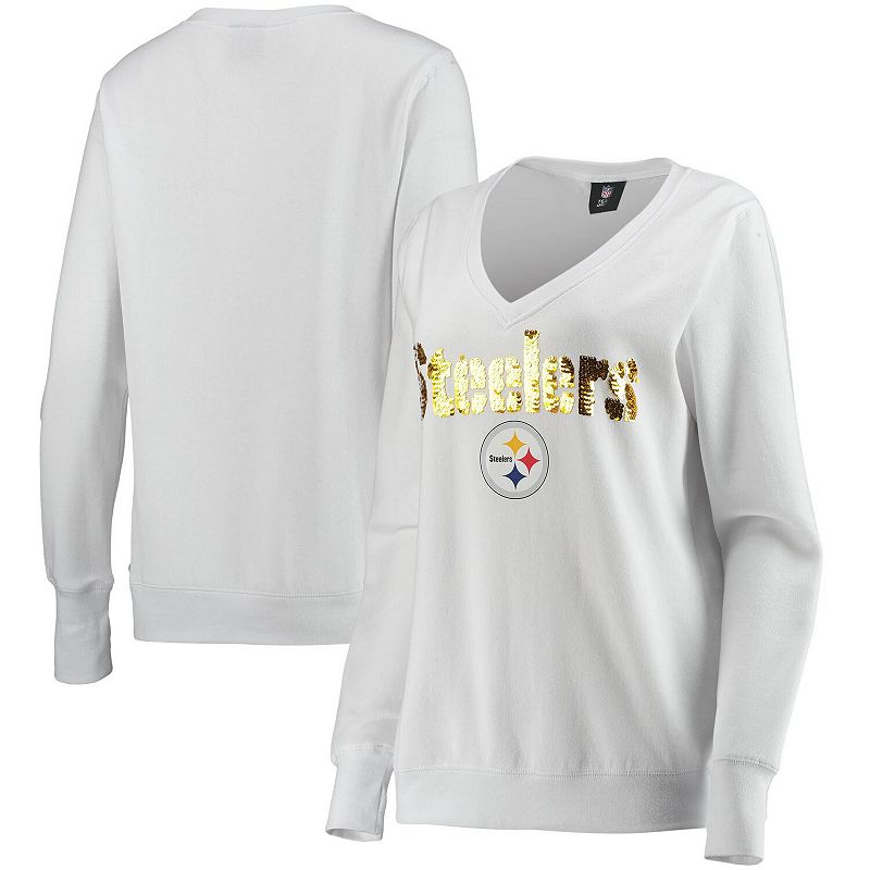 Womens Cuce White Pittsburgh Steelers Victory V-Neck Pullover Sweatshirt, 