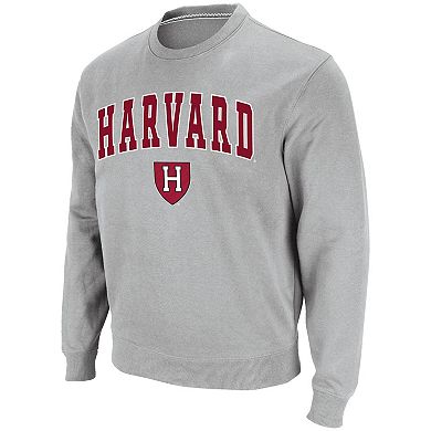 Men's Colosseum Gray Harvard Crimson Team Arch & Logo Tackle Twill Pullover Sweatshirt