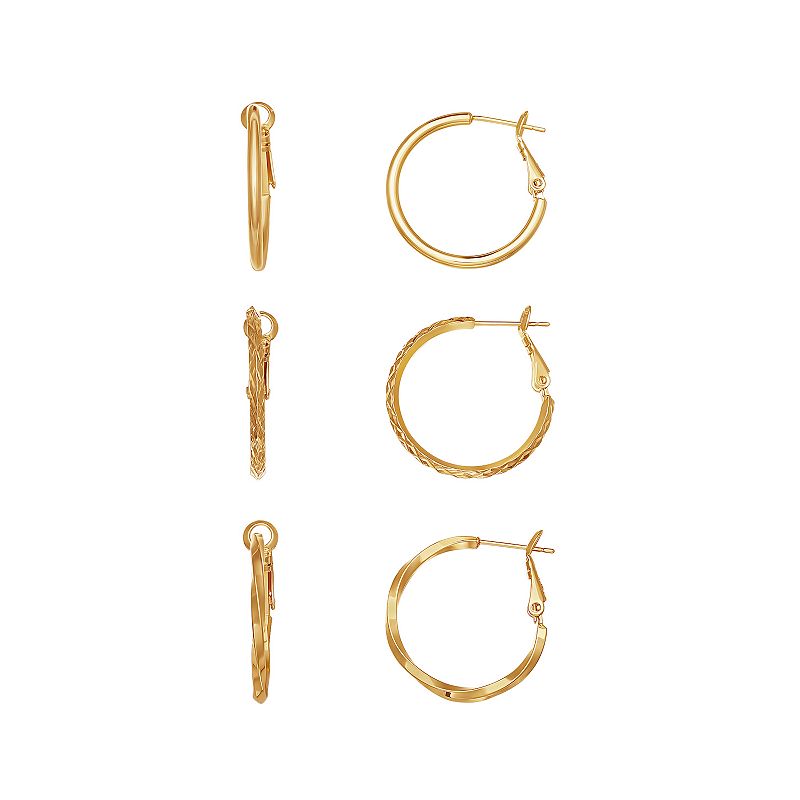 Aurielle Polished, Textured & Twisted Hoop Trio Earring Set, Womens, Yello