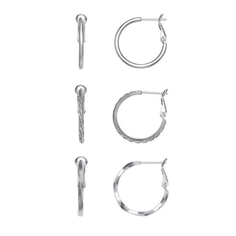 Aurielle Polished, Textured & Twisted Hoop Trio Earring Set, Womens, Grey