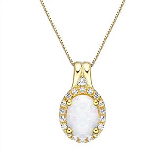 Gemminded 18k Gold Over Silver Lab-Created Opal Pendant Necklace with Lab-Created White Sapphire Halo