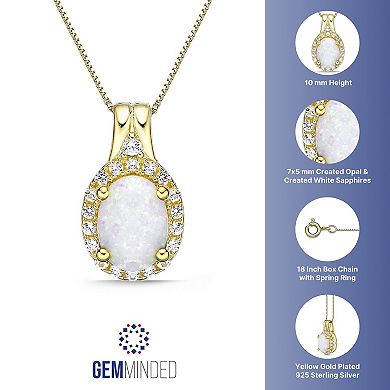 Gemminded 18k Gold Over Silver Lab-Created Opal Pendant Necklace with Lab-Created White Sapphire Halo