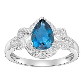 Gemminded Sterling Silver London Blue Topaz & White Topaz Halo Ring