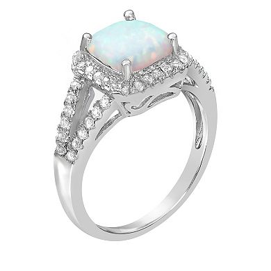 Gemminded Sterling Silver Lab-Created Opal & White Topaz Halo Ring