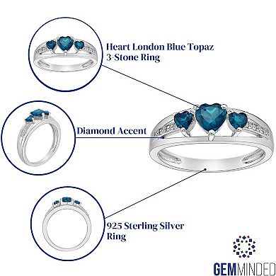 Gemminded Sterling Silver Heart-Cut London Blue Topaz & Diamond Accent 3-Stone Ring
