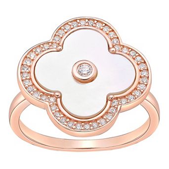 Gemminded 14k Rose Gold Over Silver Mother-Of-Pearl Ring with Cubic Zirconia Accents