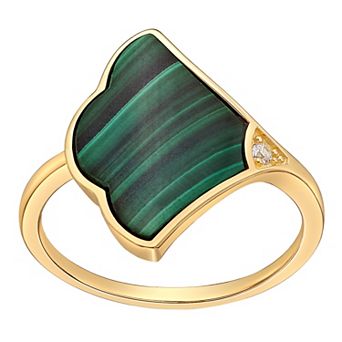 Gemminded 14k Gold Over Silver Malachite Fan Ring with Cubic Zirconia Accent