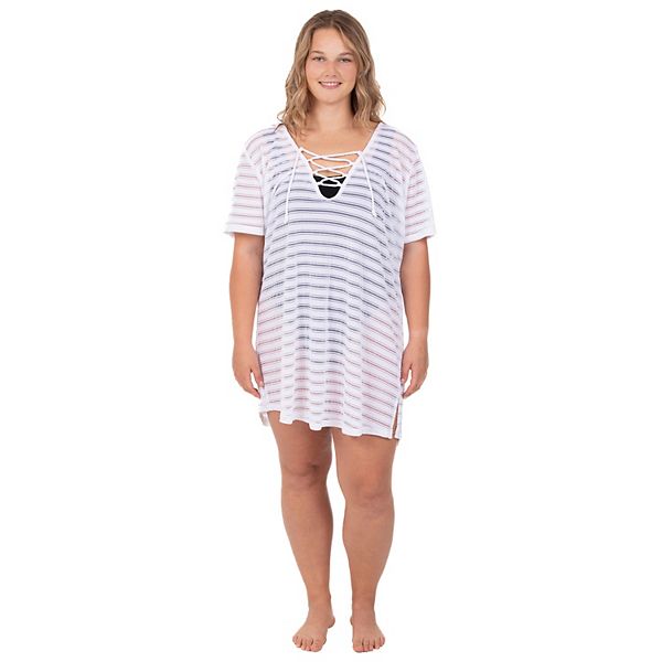 Plus Size Portocruz LaceUp Striped Swim CoverUp Tunic