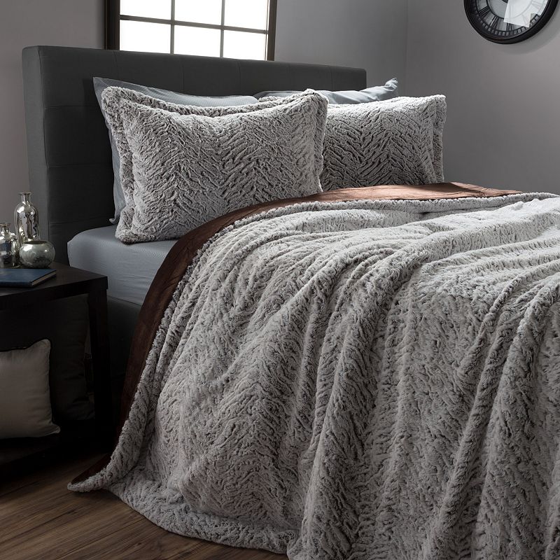Hastings Home Faux Mink Fur Comforter Set with Shams, Grey, King