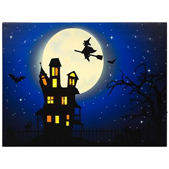 Northlight Fiber Optic and LED Lighted Witch in the Moon Halloween Canvas Wall Art