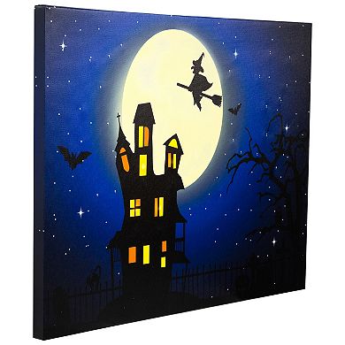 Northlight Fiber Optic and LED Lighted Witch in the Moon Halloween Canvas Wall Art