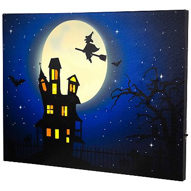 Northlight Fiber Optic and LED Lighted Witch in the Moon Halloween Canvas Wall Art