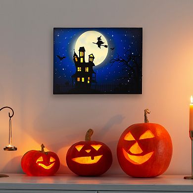 Northlight Fiber Optic and LED Lighted Witch in the Moon Halloween Canvas Wall Art