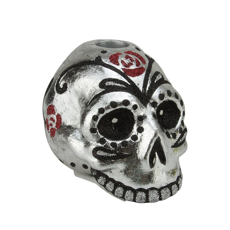 Northlight Glitter Faux Skull Head Halloween Taper Candle Holder Table Deco