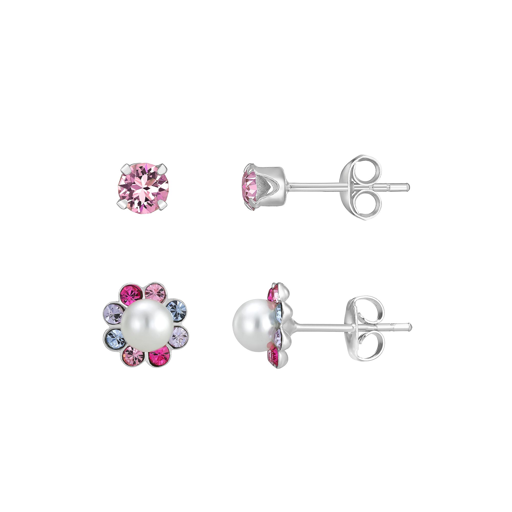 Charming Girl Kids Sterling Silver Crystal & Simulated Pearl Earring Duo S