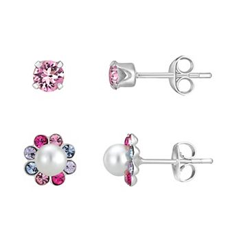 Charming Girl Kids' Sterling Silver Crystal & Simulated Pearl Earring Duo Set