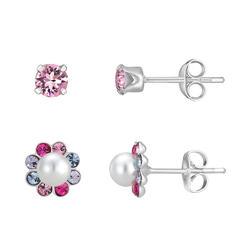 Charming Girl Kids Sterling Silver Crystal & Simulated Pearl Earring Duo S