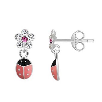 Charming Girl Kids' Sterling Silver Crystal Flower & Enamel Ladybug Drop Earrings