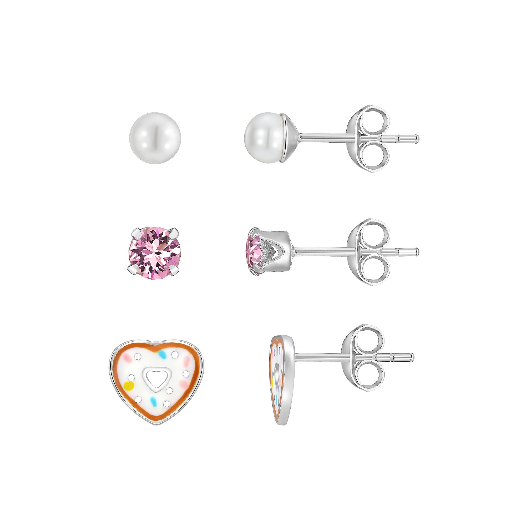 Charming Girl Kids Sterling Silver Donut Heart Earring Set, Girls, Sterli