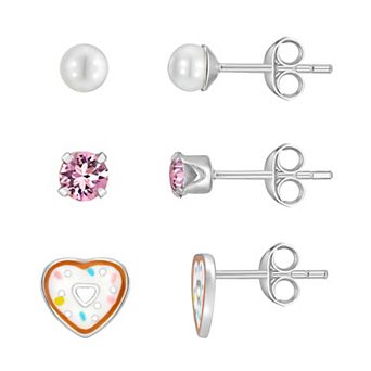 Charming Girl Kids' Sterling Silver Donut Heart Earring Set